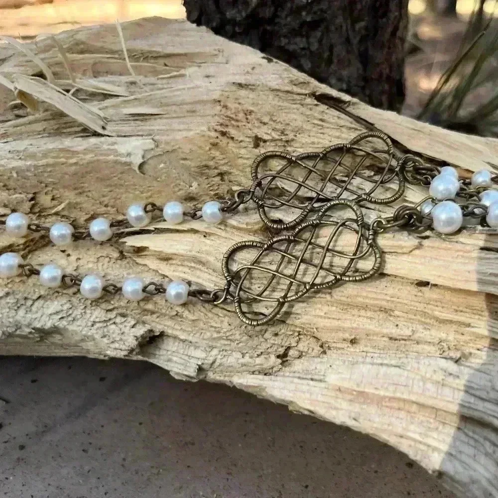 Vintage Faux Pearl & Filigree Metal Station Necklace Romantic Boho Cottagecore